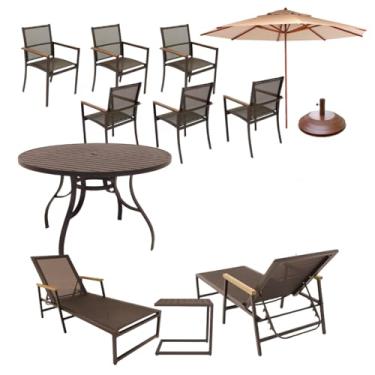 Imagem de Kit Moveis Piscina Jardim Completo, Mesa 1,40cm + 6 Cadeiras Externa + 2 Espreguiçadeiras Aluminio (Marrom)