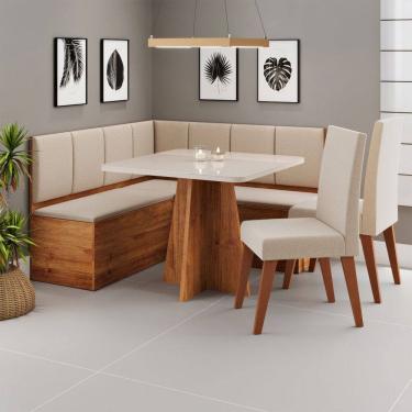 Imagem de Canto Alemão Gourmet com 2 Cadeiras e Vidro Marrom/Off White/Linho Bronze - Viero Móveis