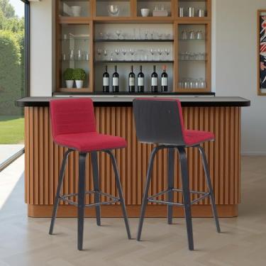 Imagem de Banqueta giratória moderna Vienna com assento estofado vermelho e moldura de madeira escovada, conjunto de 2