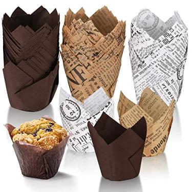 Imagem de 150 peças de forros de cupcake de tulipa para assar, forros de muffin de tulipa, forros de cupcake de papel manteiga, papéis de muffin à prova de graxa, copos de assar, envoltórios de muffins para
