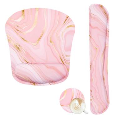 Imagem de Teclado ergonômico de espuma de memória, descanso de pulso e descanso de pulso para mouse conjunto de mouse pad com base de borracha antiderrapante para jogos no escritório, fácil digitação e alívio da dor - mármore rosa