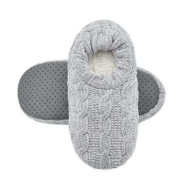 Imagem de Panda Bros Meias femininas com pegas, meias felpudas femininas com parte inferior antiderrapante, chinelos aconchegantes para casa, Cinza claro, 5-7.5