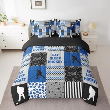 Imagem de jejeloiu Jogo de cama infantil casal de hóquei no gelo, conjunto de edredom esportivo, 7 peças, para decoração de quarto de meninos, meninas, adolescentes, cama azul glack em uma bolsa com lençóis