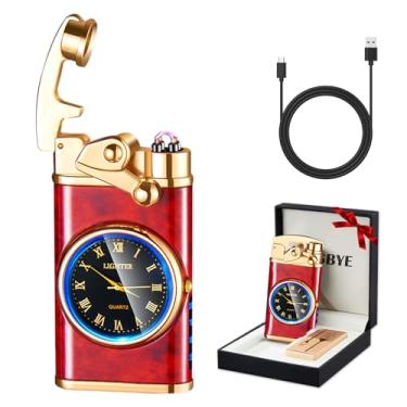 Imagem de RSBYE Isqueiro elétrico recarregável por USB, à prova de vento, isqueiro de plasma de arco duplo, isqueiros eletrônicos sem chama com indicação de bateria LED para homens (relógio de madeira vermelha)