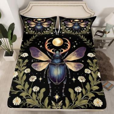 Imagem de Feelyou Jogo de lençol solteiro com besouro, decoração gótica, sol e lua, para crianças, meninos, meninas, Halloween, lençol com elástico leve (sem lençol de cima)