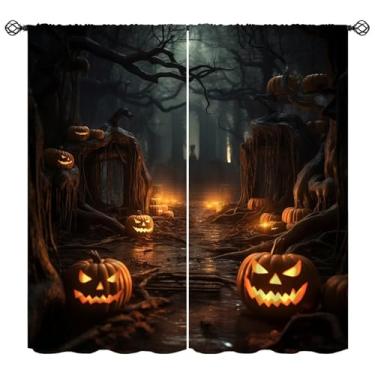 Imagem de Cortinas de floresta assustadora de abóbora escura, paisagem assustadora de terror gótico, decoração de Halloween com bolso de varão, tratamentos de janela para banheiro, restaurante, quarto, sala de