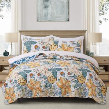 Imagem de Conjunto de cama king size com colcha floral, 3 peças, para cama king size, rústico, tropical, estampa floral, vintage, conjunto de colcha como cobertor, colcha de cabana e colchas campestrais