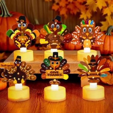 Imagem de QICI 6 peças velas de chá de peru, velas de LED de ação de graças, velas sem chama, velas a pilhas, luzes fofas de decoração de mesa de ação de graças para casa, cozinha, decoração de festa de outono