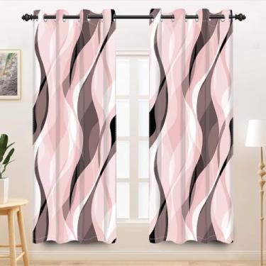 Imagem de TTQYFNM Cortinas de janela rosa rosa claro e marrom abstrato listrado blackout cortinas para quarto sala de estar cozinha ilhós linhas geométricas modernas onduladas tratamentos de janela conjunto de