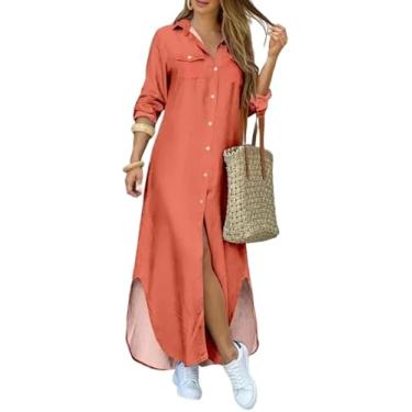 Imagem de Vestidos Maxi Femininos Casuais Com Gola De Lapela Estampada Floral Fenda Lateral Mangas Compridas Soltas Camisa Vestido, D Blue, 4XL