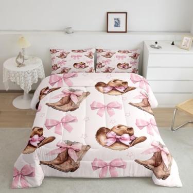 Imagem de Conjunto de edredom infantil retrô ocidental, Queen, chapéu de vaqueira, conjunto de edredom com laço de princesa rosa para decoração de quarto de meninos, adulto, estilo casa de fazenda, com 2