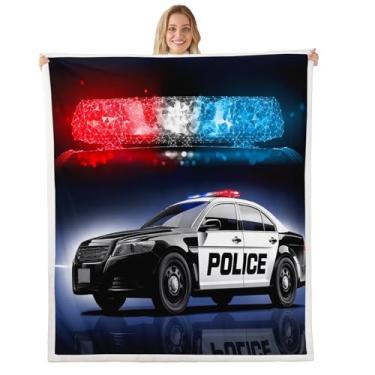 Imagem de Erosebridal Cobertor solteiro de carro de polícia, 152 cm x 203 cm, cobertor de cama de pelúcia de veículo policial para crianças, meninos, crianças, vermelho, azul, luzes polícias, lã de lã, estampa