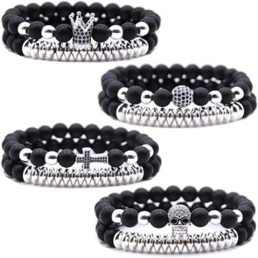 Imagem de HYHONEY Pulseira de contas micro pavê de zircão coroa rei 8 mm para homens e mulheres pulseira de casal preto natural fosco ônix contas de hematita elástico ajustável, One Size, Pedra, Zircônia