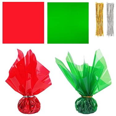 Imagem de Shitailu 200 peças de folhas de celofane de plástico de Natal, 2 cores mistas, translúcidas, cor verde, vermelho, para Páscoa, X-Mas, Dia dos Namorados, artesanato, presentes, cestas, 30 x 30 cm