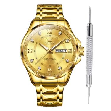 Imagem de OLEVS Relógio masculino de aço inoxidável, analógico, quartzo, masculino, mostrador grande, à prova d'água, luminoso, relógio de pulso clássico, Ouro - 2906M