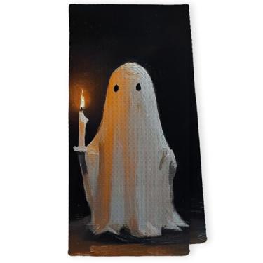 Imagem de LKETW Toalhas de cozinha vintage Ghost Halloween - Dark Academia Decor Toalha de mão para banheiro, Halloween fantasma assustador segurando uma vela toalha de chá de mão para banheiro cozinha, 40,6 x