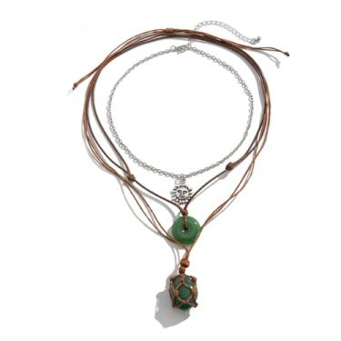 Imagem de Conjunto de colar com pingente de pedra verde em camadas, gargantilha de couro marrom boêmio, joia vintage com pingente de sol redondo no pescoço, Small, Liga de aço, Sem Pedra Preciosa