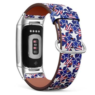 Imagem de MRAKPLGE Pulseira de relógio, padrão de listras dos EUA, compatível com Fitbit Charge 6/Fitbit Charge 5, pulseira de couro vegano de substituição, pulseira, pulseira para homens e mulheres