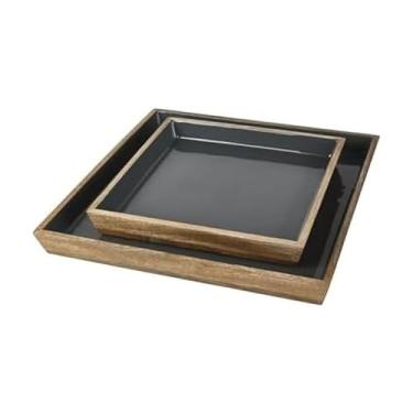 Imagem de Gourmet Basics by Mikasa Samara Conjunto de 2 bandejas decorativas de madeira de manga, bandejas de mesa de centro para decoração de casa elegante e entretenimento