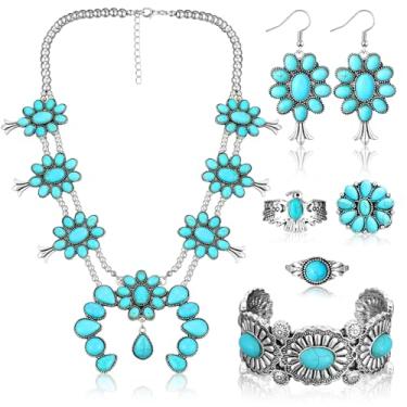 Imagem de Ecally Conjunto boêmio de joias ocidentais turquesa feminino pingente boêmio longo gargantilha em camadas brincos anel para mulheres, one size, liga metálica, turquesa, couro artificial, Sem Pedra