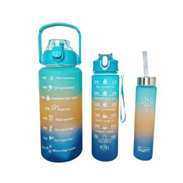 Imagem de Kit 3 Garrafas Alça Agua Canudo Adesivo Academia Motivaciona