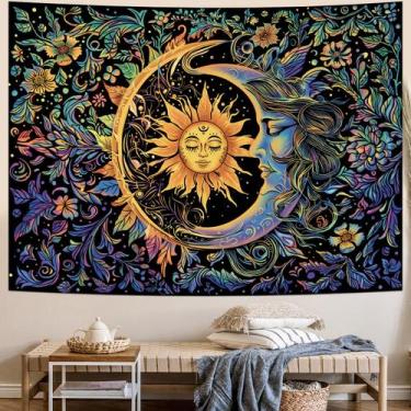 Imagem de Tapeçaria do sol e da lua Tapeçaria floral mística psicodélica hippie 