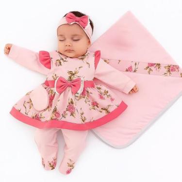 Imagem de Saída Maternidade Luxo Menina 05 Peças Pompom Roupas de Bebê - Kolim E