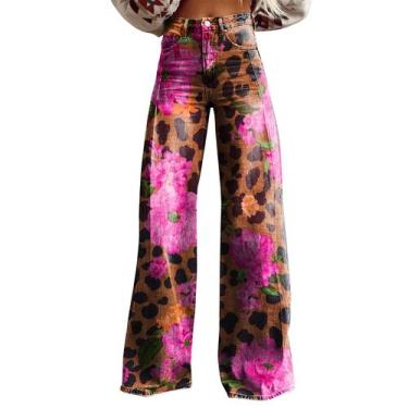 Imagem de Calças largas femininas vintage com estampa floral plus size - RTJTGXF