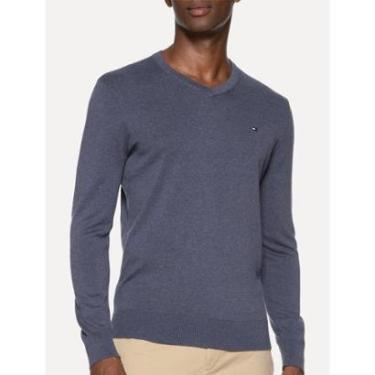 Imagem de Suéter Tommy Hilfiger Masculino Signature V-Neck Azul Índigo Mescla-Masculino