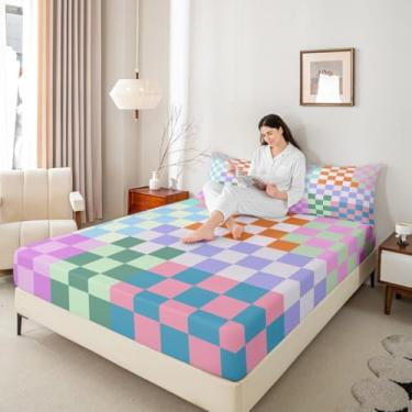 Imagem de Jogo de cama casal quadriculado colorido, quadriculado abstrato, xadrez, geométrico, multicolorido, para quarto de crianças e adolescentes (sem lençol de cima)
