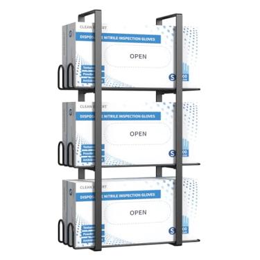 Imagem de Giftormous Suporte de luva para suporte de parede, suporte de luvas de látex descartável de metal preto para laboratório, suporte de caixa de borracha tripla montado na parede, suporte de lenços para