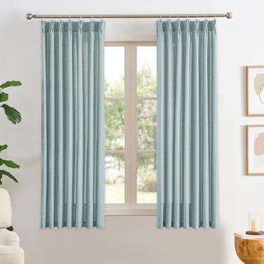 Imagem de Cortinas plissadas de linho azul claro 153 cm de comprimento, plissadas, semitransparentes, texturizadas, ganchos, aba traseira, cortina de filtragem de luz moderna costeira, 2 painéis para sala de