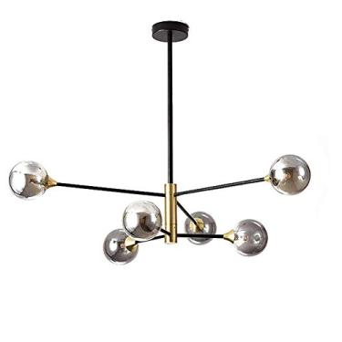 Imagem de HOSETEON Lustre de 6 luzes, luminária pendente de DNA moderna com sombra de vidro globo preto e dourado luz de teto industrial r Kitchenoom Home-Smoke Gray. 6 luzes