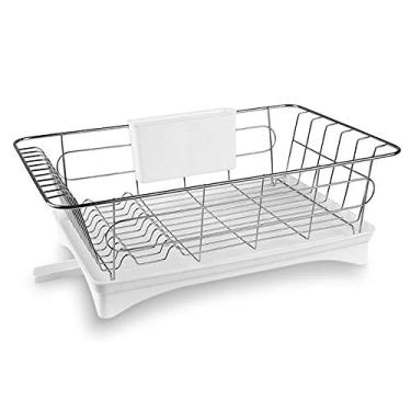 Imagem de AKALNNB Escorredor de pratos de aço inoxidável conjunto de escorredor de louça removível à prova de ferrugem suporte de utensílios para armazenamento de balcão de cozinha (Wit)