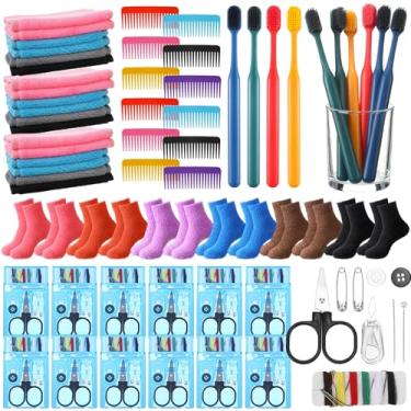 Imagem de Potchen 60 peças de presentes de Natal para doação de caridade cristã com mini kits de costura de viagem, escovas de dentes, pentes de dentes largos, meias difusas, pano de lavagem colorido para festa