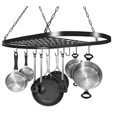 Imagem de Prateleira suspensa para panelas de teto, organizador de cabides para utensílios de cozinha montado no teto com 10 ganchos para casa, cozinha e casa