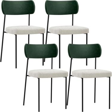 Imagem de Kit 04 Cadeiras Estofadas Para Sala De Jantar Melina L02 Facto Verde Musgo Bouclê Creme - Lyam Decor