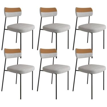 Imagem de Kit 06 Cadeiras Decorativa Estofadas Sala Melina F01 Linho Cinza Couríssimo Caramelo - Lyam Decor