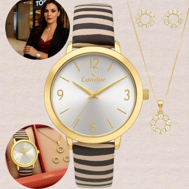 Imagem de Kit Relógio de Pulso Condor Feminino Redondo Animal Print Analogico Dourado COPC21JGY/K3D + Colar e Brinco