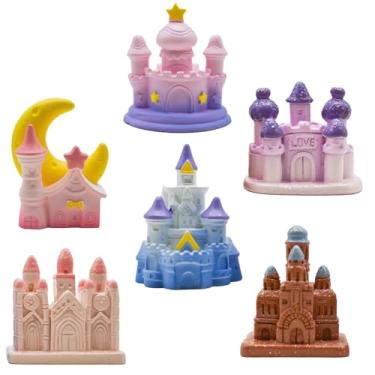 Imagem de Pinenjoy 6 peças miniaturas de castelo sonhador mini figuras de casa de conto de fadas resina fantasia topo de bolo para decoração de mesa DIY jardim de fadas micro paisagem
