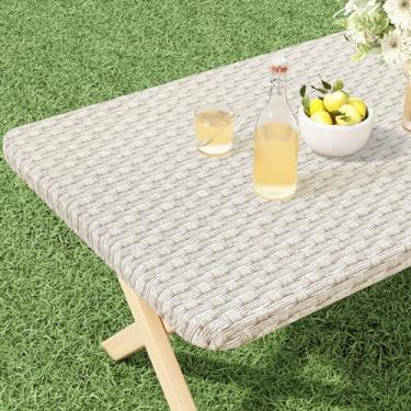 Imagem de misaya Toalha de mesa retangular de vinil, capa de mesa ajustada, 100% à prova d'água, borda elástica, forro de flanela, toalha de mesa para mesas dobráveis de 1,8 m para piquenique, acampamento, ao