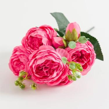 Imagem de Buquê de rosas de peônia de seda 30 cm, 5 cabeças, 4 botões, decoração de Natal para casa, faça você mesmo, sala de estar, flores artificiais, suprimentos para casamento e festas (rosa vermelha)