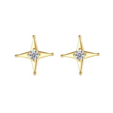 Imagem de Efashion Brincos de prata esterlina 925 banhados a ouro 14K simples e doces com tetragrammaton de zircônia, Small, Ouro amarelo, Zircônia