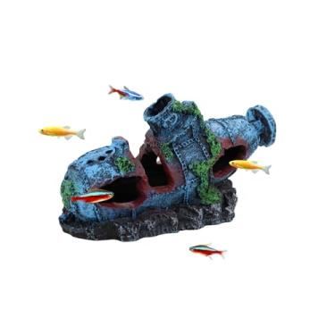 Imagem de WishLotus Decorações de caverna de aquário de peixes, caverna de aquário de naufrágio submarino para esconder e brincar, esconderijo de peixes de resina para aquário neon tetras, peixes pequenos (azul