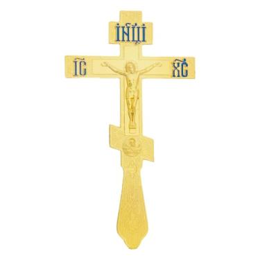 Imagem de RZRHMUHN Cruz de bênção ortodoxa, cruz de mão ortodoxa, crucifixo de metal, presente para padre, batismo, oração, comunhão (azul)