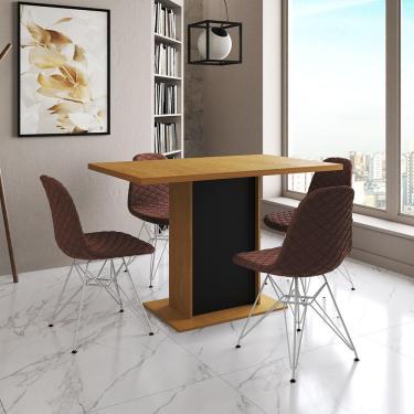 Imagem de Mesa Jantar Londres Tampo Canela 120Cm Base Preta 4 Cadeiras Ferro Branco Estofado Caramelo