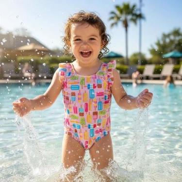 Imagem de Roupa De Praia Infantil Menina Maiô Estampado Forrado Com Proteção Sol