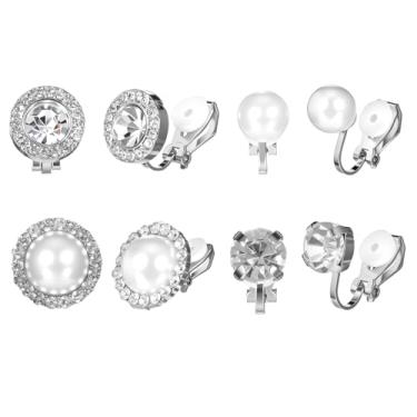 Imagem de 4 pares de brincos de zircônia cúbica com clipe de prata e strass falso, brincos redondos com clipe de pérola para mulheres, brincos não perfurados para apresentações de ópera de dança, joias de festa