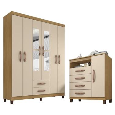 Imagem de Kit Guarda Roupa Casal 6 Portas com Espelho e Cômoda 4 Gavetas - Carvalho Off White Clique Chique para Quarto Conjugado