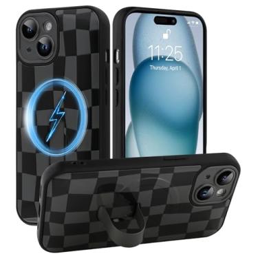 Imagem de SOKAD Capa quadriculada magnética para iPhone 15 com suporte de alça de dedo, compatível com Magsafe, lindo tabuleiro de xadrez projetado para mulheres e homens, capa de proteção completa para câmera